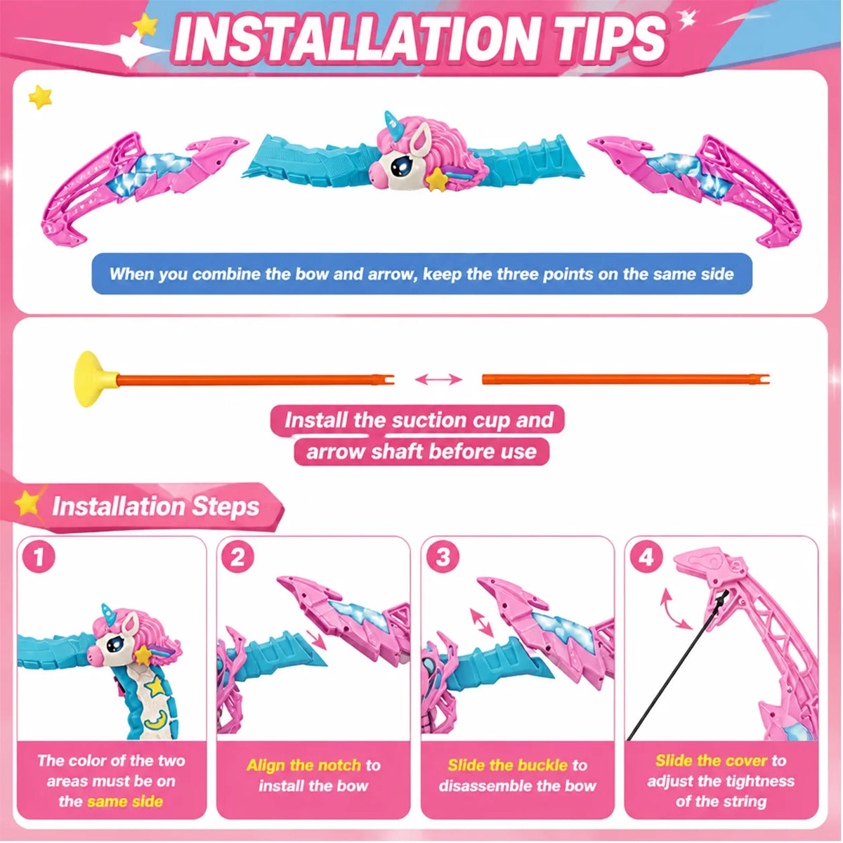 Unicorn Bow and Arrow Set for Kids LED Light Up Archery Toy with Target Board 10 Suction Cup Arrows Indoor Outdoor Activity Game Birthday Gift for Girls