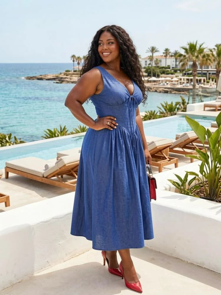 Plus Size Deep V Neck Sleeveless Corset Waist Midi Dress For Women Daily Holiday Street Going Out A Line Swing Dress