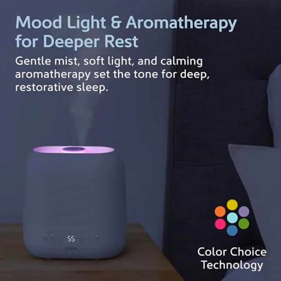 Home use humidifier, ABS plastic, white, top-fill design with warm cool mist, 2-gal tank, up to 4.5 days runtime, auto humidity