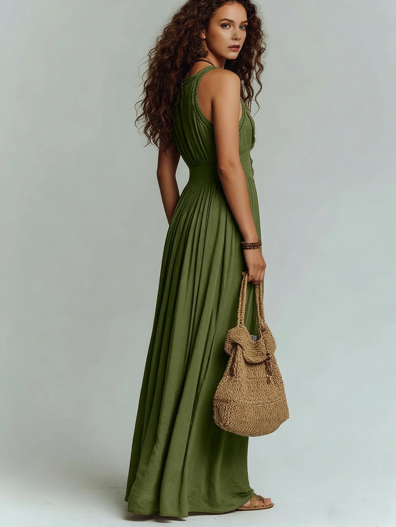 Women Deep V‑Neck Sleeveless Waist Fitted Pleated Long Maxi Dress Vacation Leisure Daily Outfit