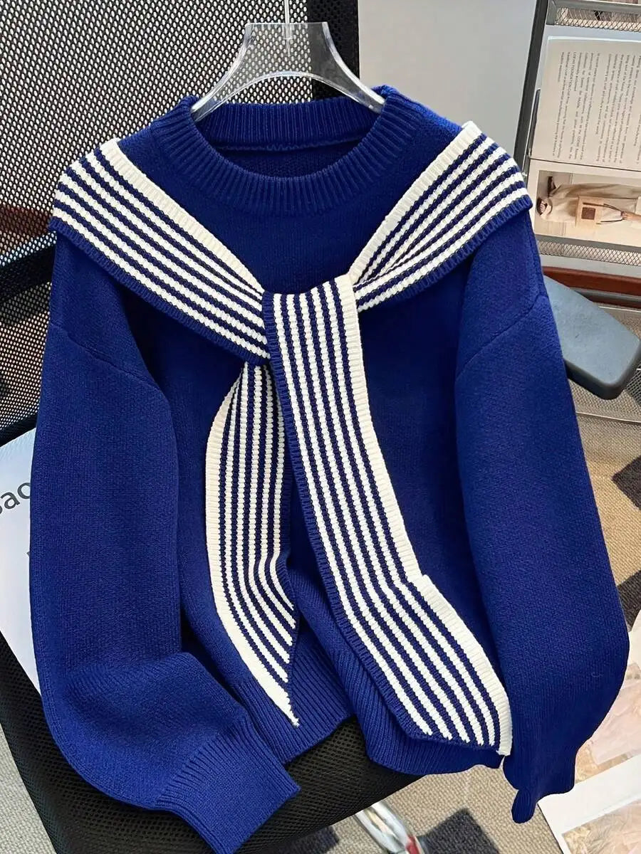 Womens Red Loose Knit Sweater With Striped Scarf Collar Casual Long Sleeve Crew Neck Autumn Winter