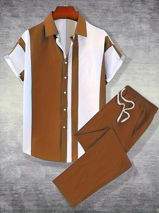 Men Printed Polyester Short Sleeve Shirt And Pants Matching Set