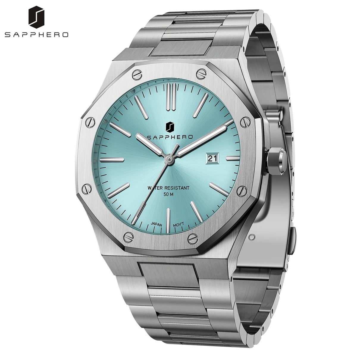 SAPPHERO Men Analog Watch Stainless Steel Quartz Movement Date Display 50M Waterproof Classic Business Casual Wristwatch Gift