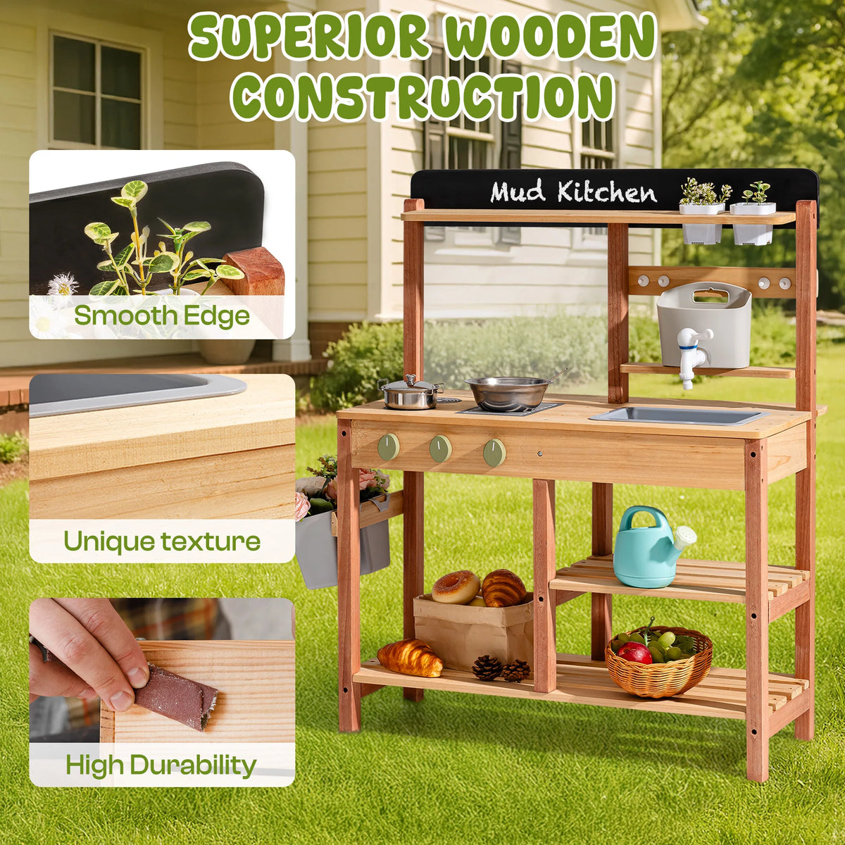 Robud Montessori Mud Kitchen Wooden Outdoor Play Kitchen with Sink Storage Develops Fine Motor Skills Ideal Gift for Kids Age 3+
