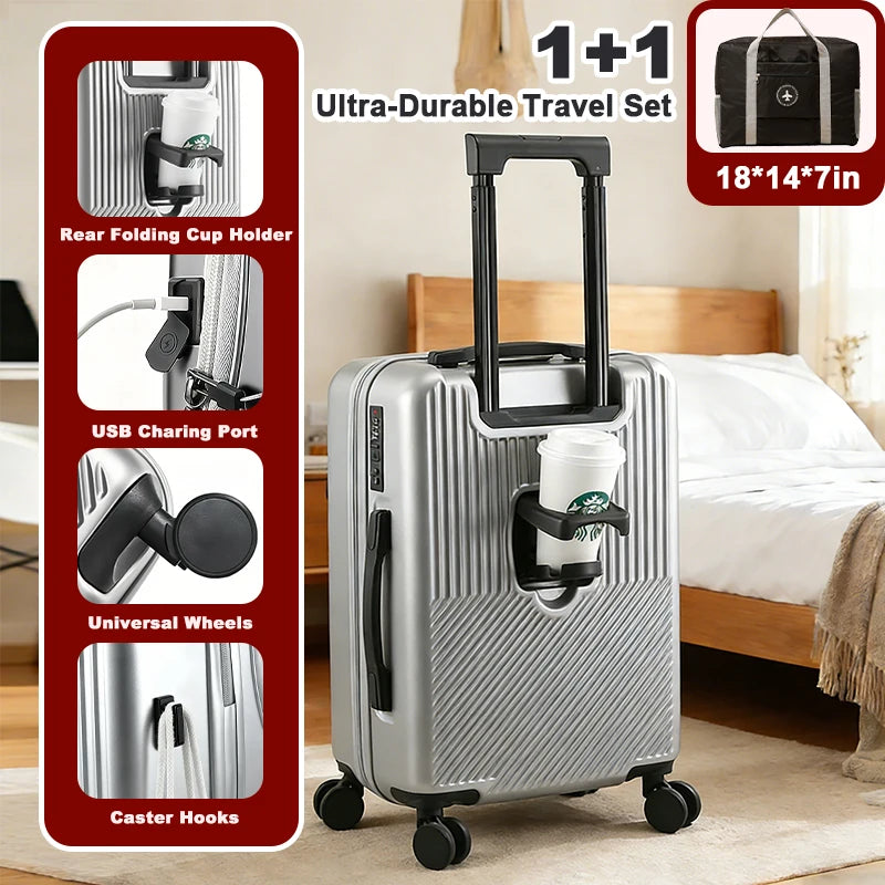 20in carry on luggage+luggage Bag Set, with cup holder and charger, with 360°Spinner Wheels TSA Lock and Adjustable Telescopic Handle Durable Travel Suitcases