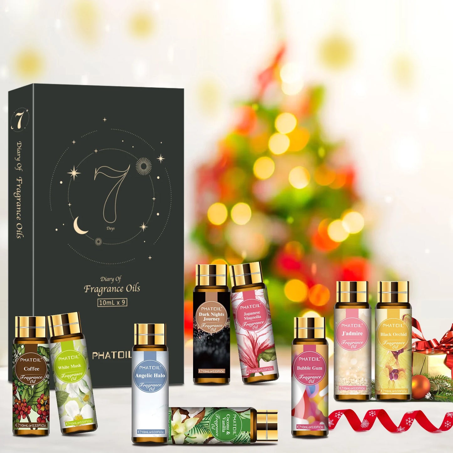 PHATOIL 9pcs Fragrance Oils Gift Set-10ml Coconut & Vanilla Bubble Gum Japanese Magnolia Coffee Aroma Oils For Diffuser Soap Candle Making