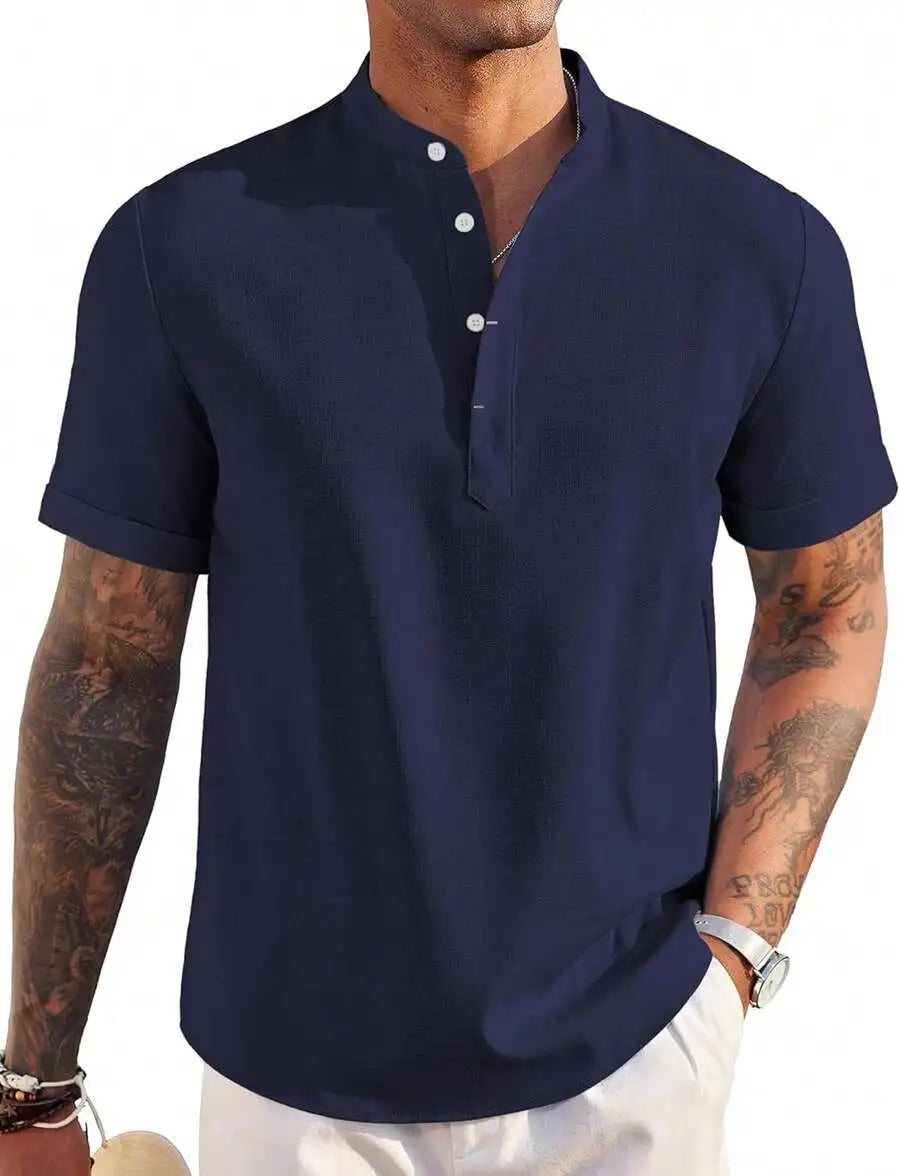 Mens Linen Henley Shirt Short Sleeve Casual Summer Beach Top