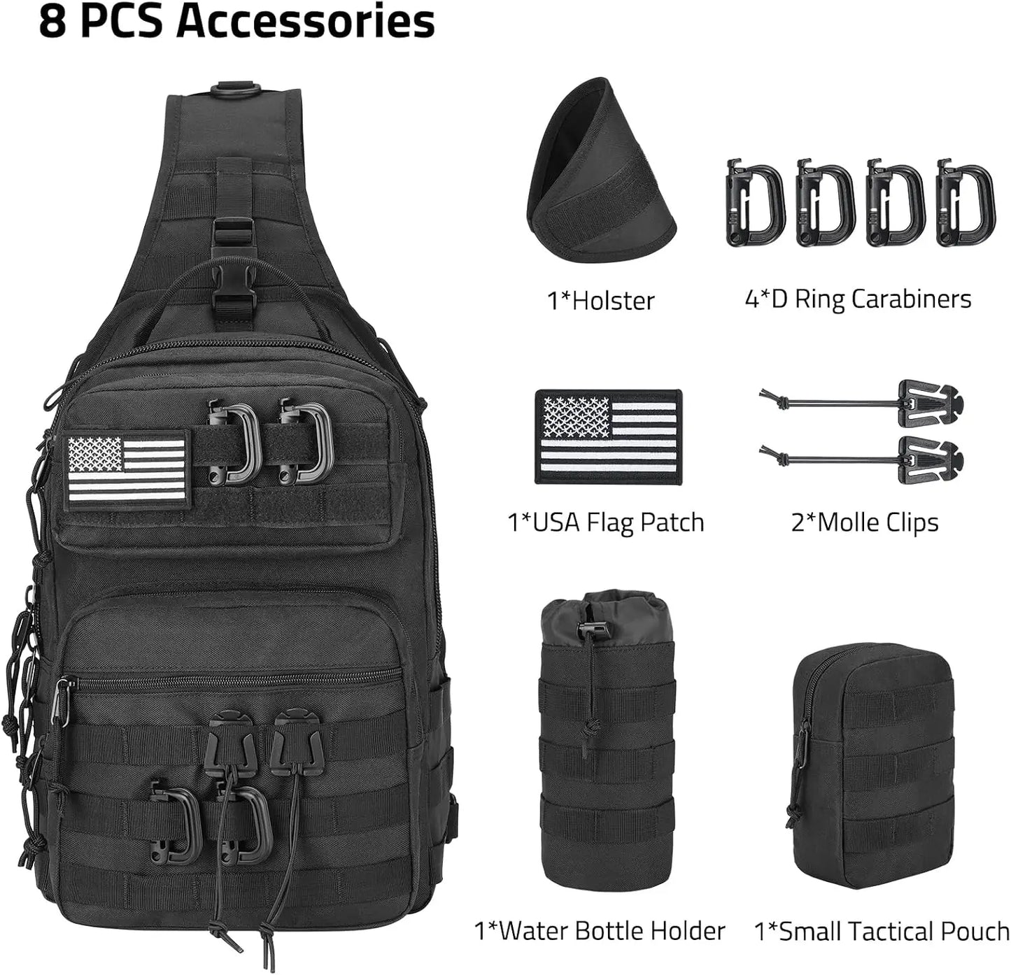 Tactical Sling Bag for Men, Detachable Molle Backpack with Bottle Holder, Hidden Pocket, EDC Hiking Daypack, Black