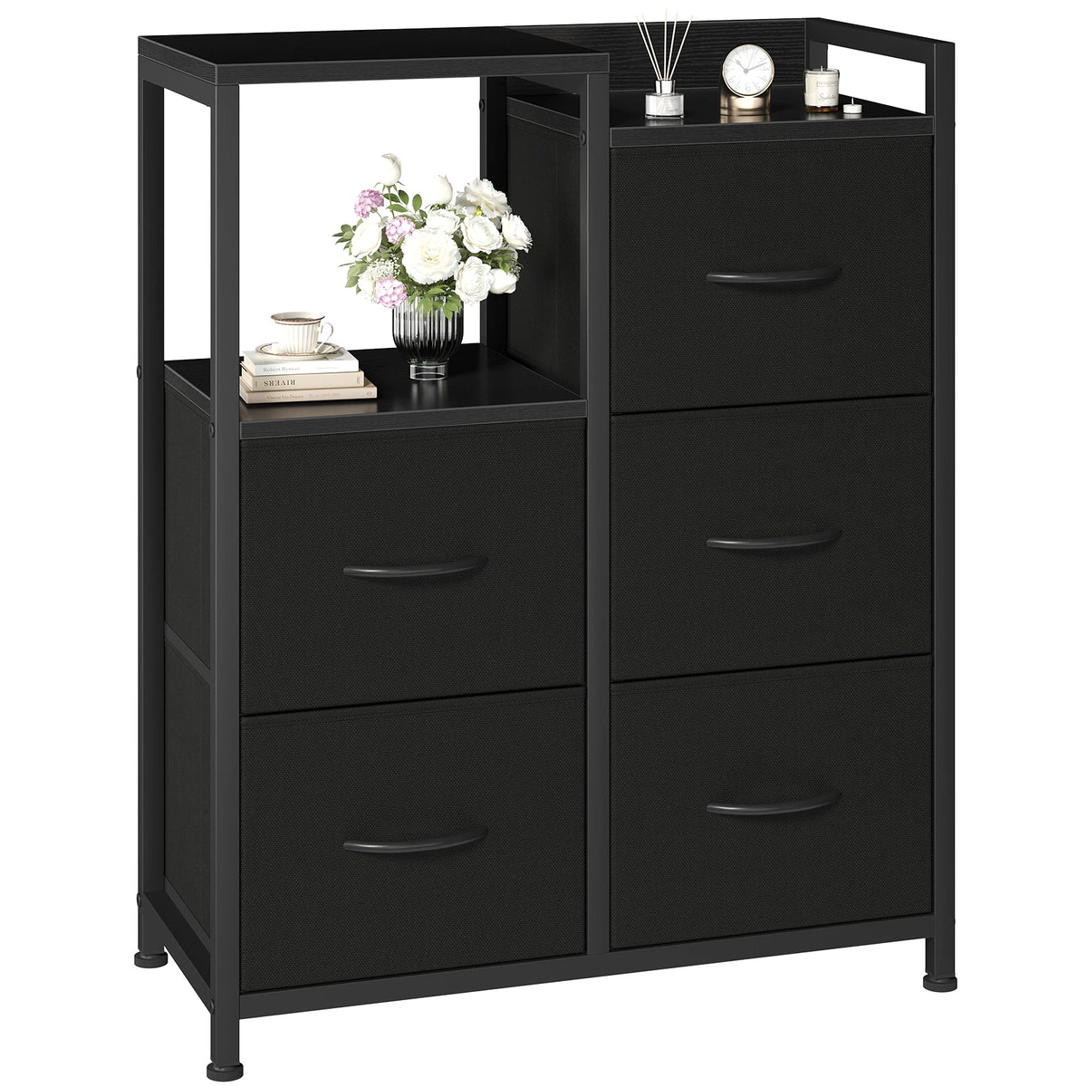 JHK 5 Fabric Drawer Chest with Raised Shelf Metal Frame TV Stands for Bedroom Storage Tower with Bins for Closet Organization Hallway Storage for Home