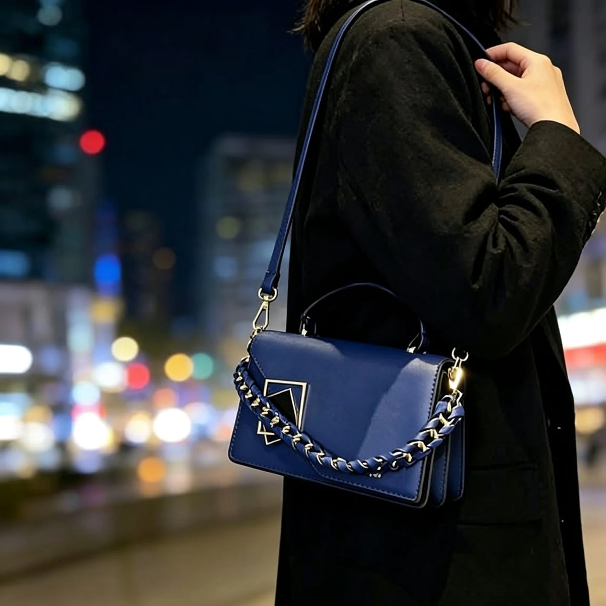 Women Small Square Handbag PU Leather Chain Shoulder Crossbody Bag Geometric Metal Lock Flap Top‑Handle Purse For Daily Work Shopping