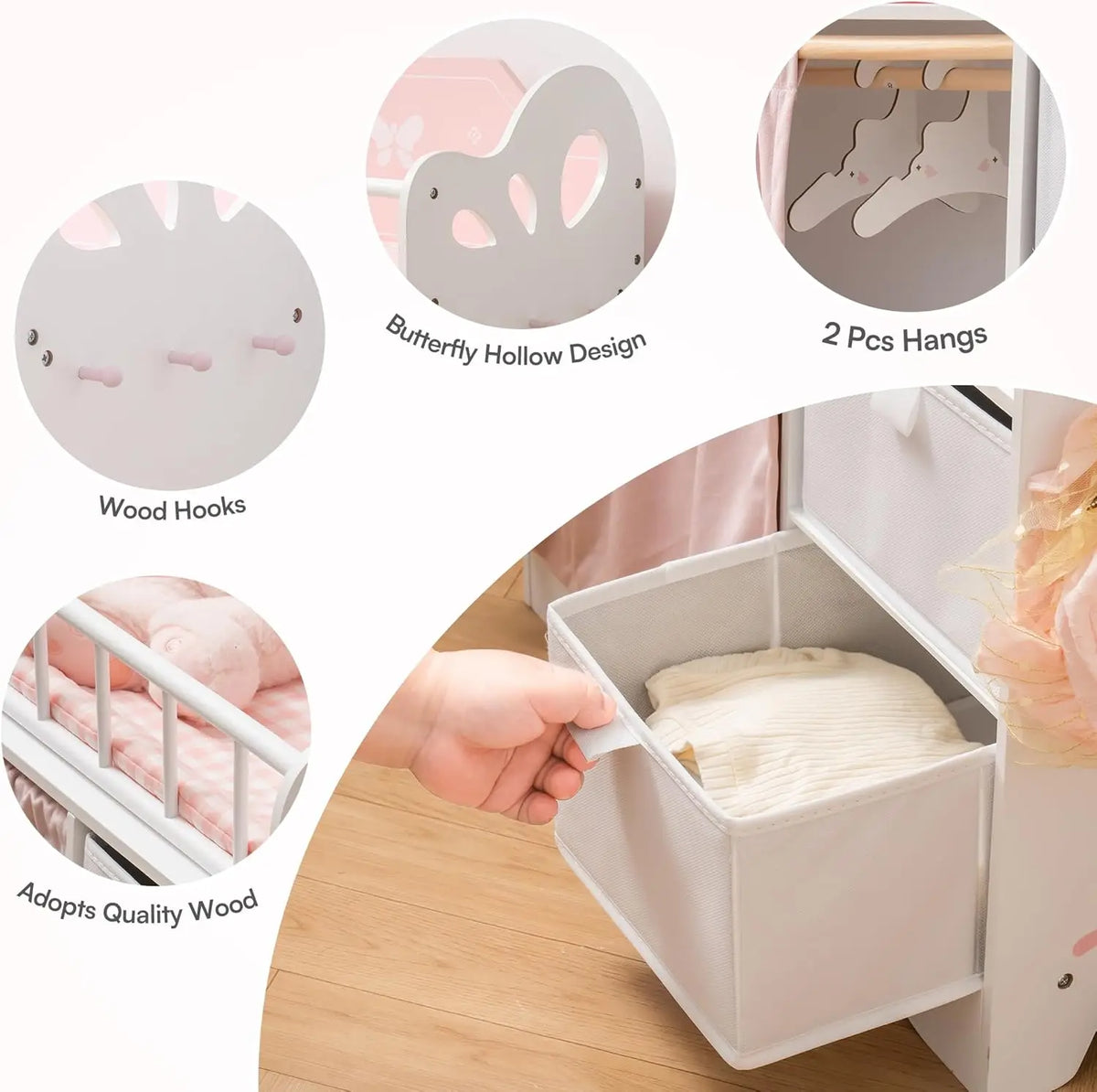 Robotime Baby Doll Crib Wooden Toy Baby Crib with Storage Bedding Wooden Hooks Doll Crib Fits Dolls up to 21" for Girls 3+ Pink