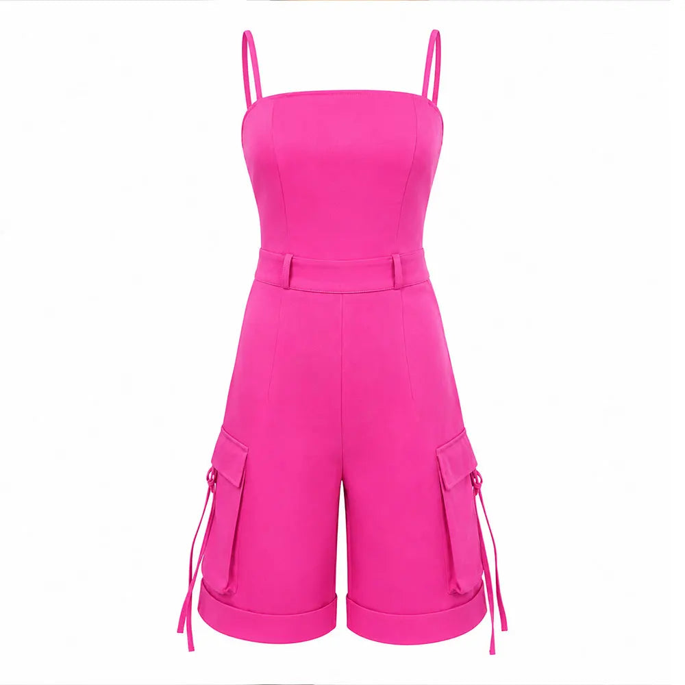 Women Spaghetti Strap Cargo Romper High Waist Knee Length Jumpsuit