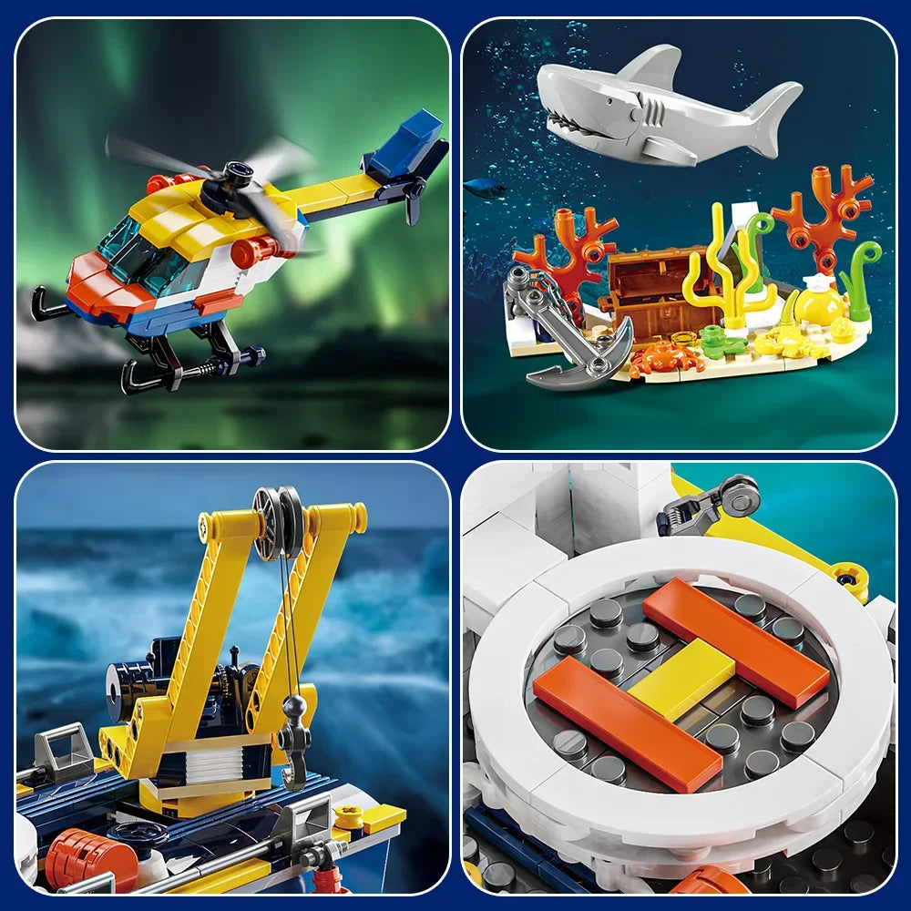City Ocean Explorer Ship Building Set,Fun Toy Exploration Boat Building Block Kit,Helicopter, Submarine, Birthday Gifts
