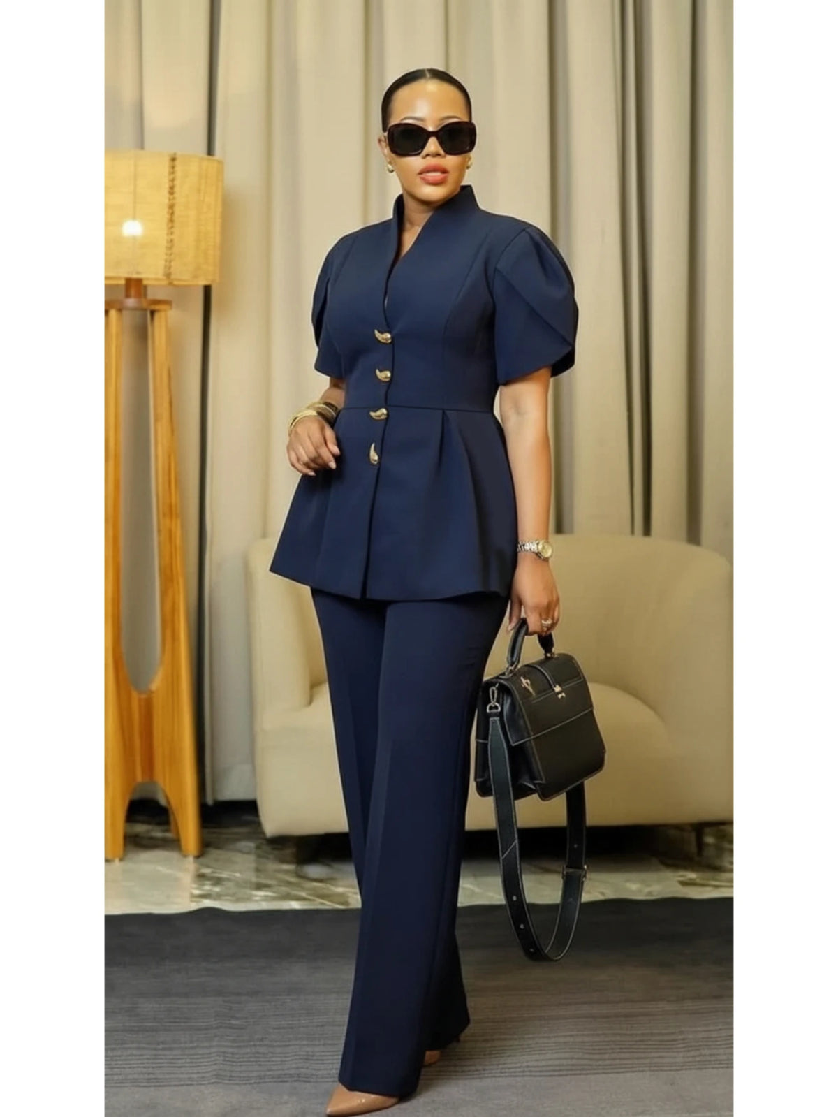 Women Stand Collar Puff Sleeve Button Peplum Top And Straight Leg Pants For Elegant Office Business And Daily Occasion
