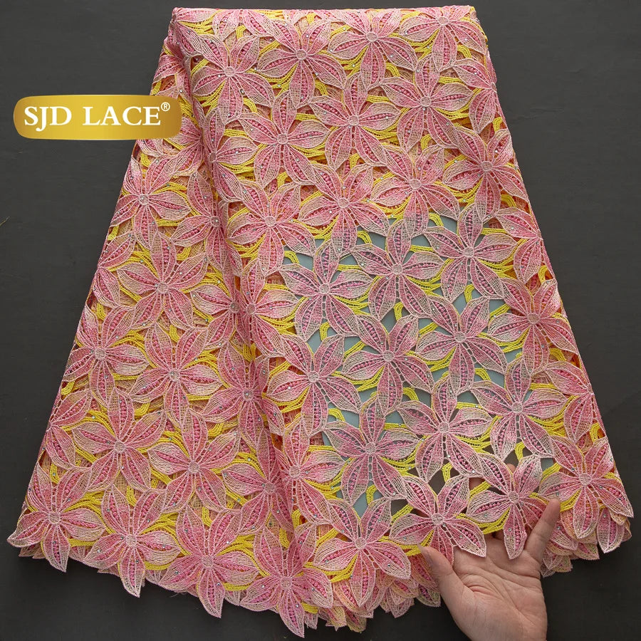 SJD LACE Nigerian Water Soluble Lace Fabric Tricolor Color Embroidered African Guipure Floral Lace for Sewing Wedding Party Evening Dress US Shipping 4632