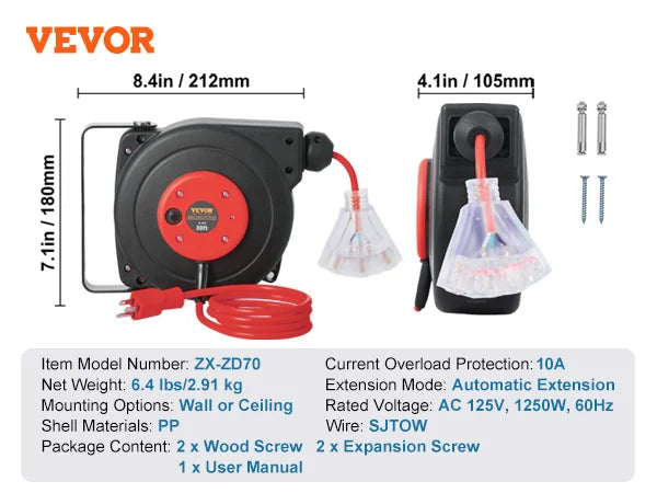 SucceBuy Automatic Retractable Extension Cord Reel With Triple Tap Outlet