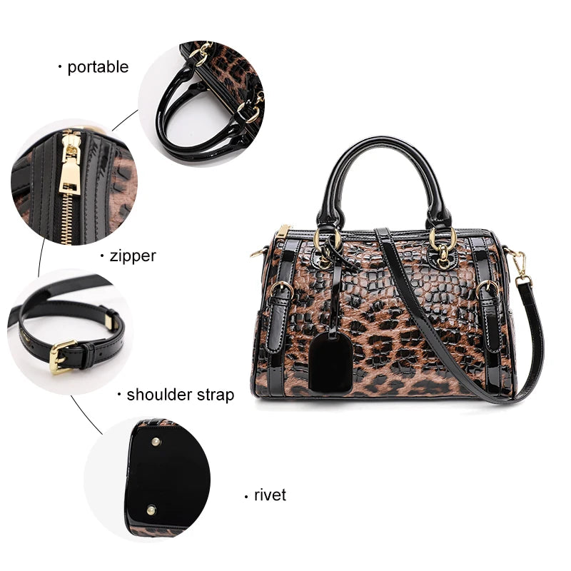 Aidrani Women Leopard Print Cowhide Handbag With Large Capacity