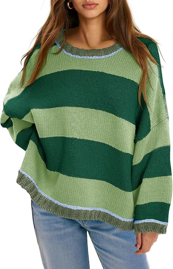 Fisoew Womens Oversized Sweaters Casual Long Sleeve Striped Color Block Crewneck Knitted Loose Fall Pullover Tops