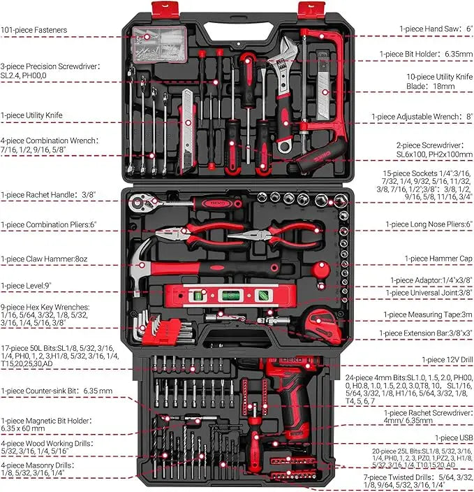 DEKO Cordless Drill Toolbox and Household Repair Tool Set