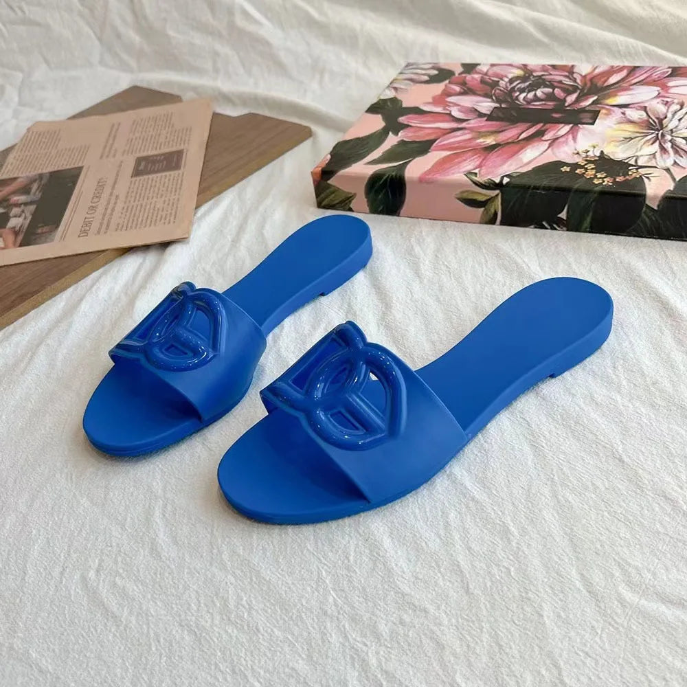 Women's Slippers New Summer Thick Sandals One-word Toe Flat Beach Jelly Women's Shoes Large Size