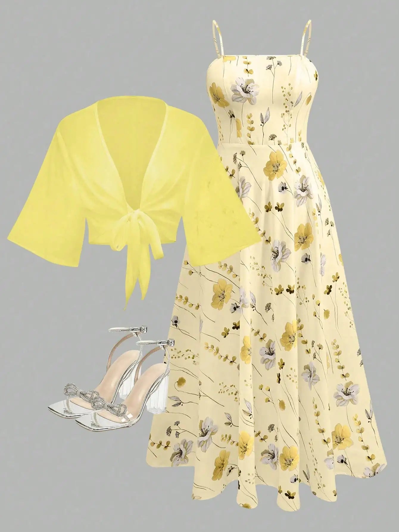 2 Pieces Women's Floral Chiffon Dress Elegant Romantic Date Outfit Spring Summer