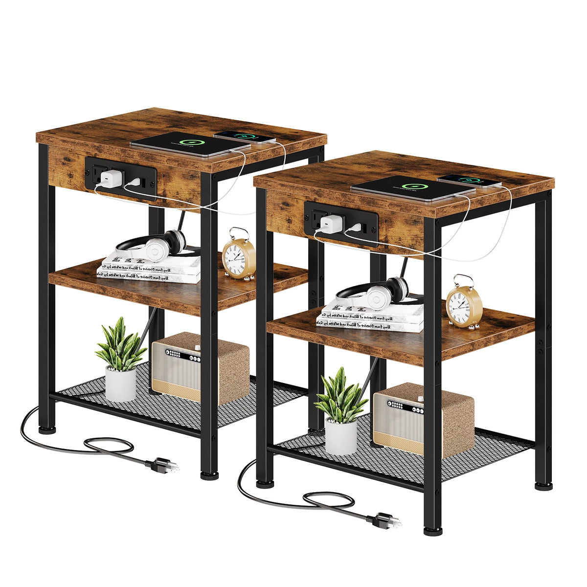JHK 1/2 Pack 3-Tier Small Side Table with Charging Station Outlets and USB Ports Adjustable Nightstand for Living Room Bedroom Small Spaces 