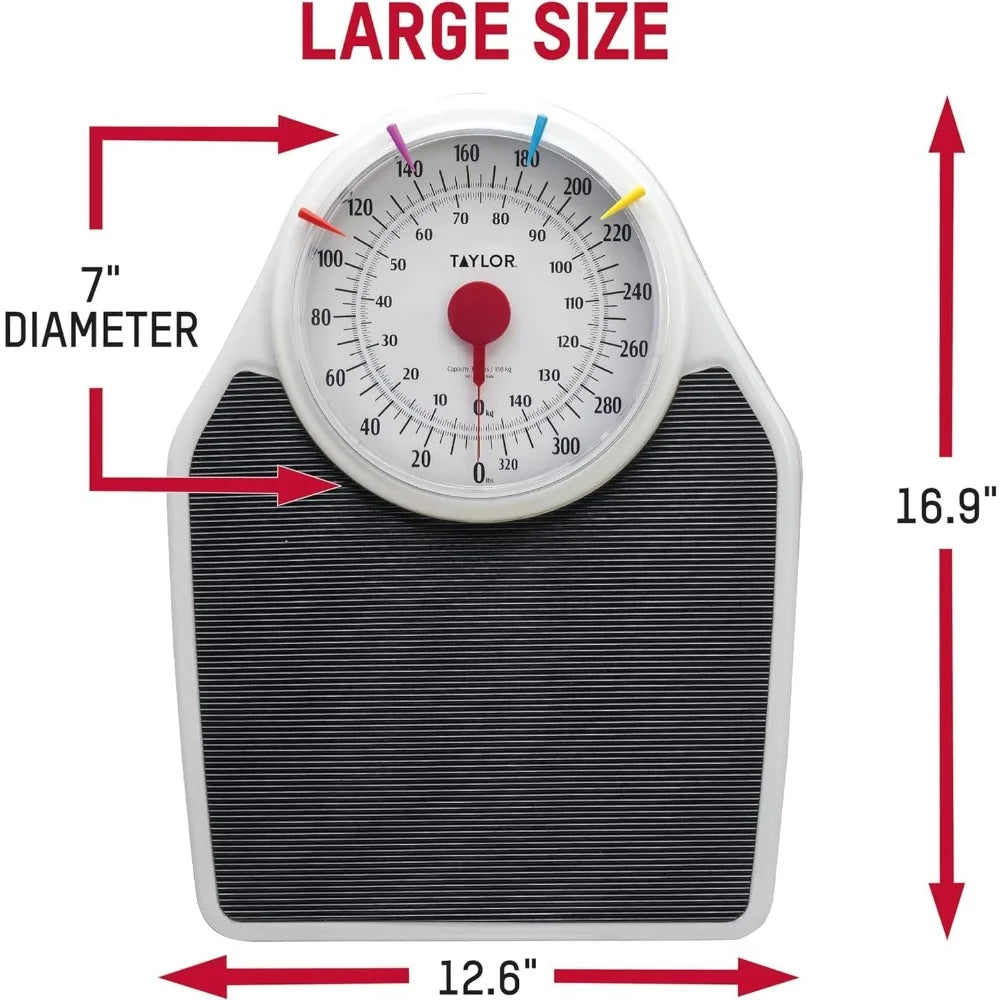 Taylor Battery Free Analog Scales for Body Weight, 330LB Capacity, Easy to Read Large 7-inch Dial, 18.4 x 13.7-inch Ribbed Mat