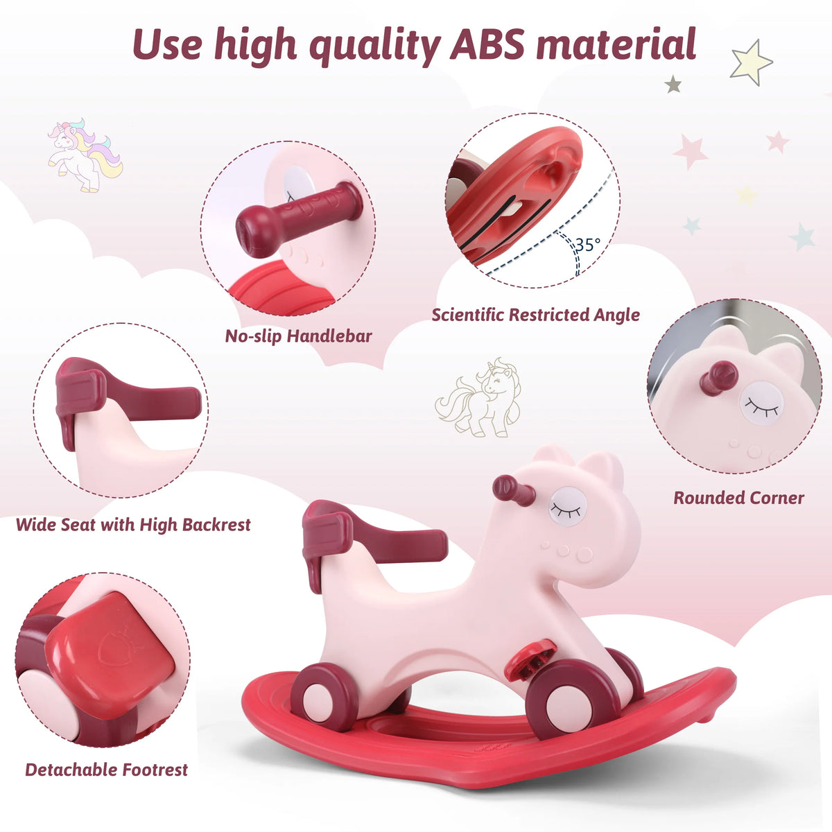 Toddler Rocking Horse Ride‑On Toy, Convertible Baby Rocker & Sliding Car with Backrest, Safe Indoor Play Gift for 1‑3Y Kids Boys Girls
