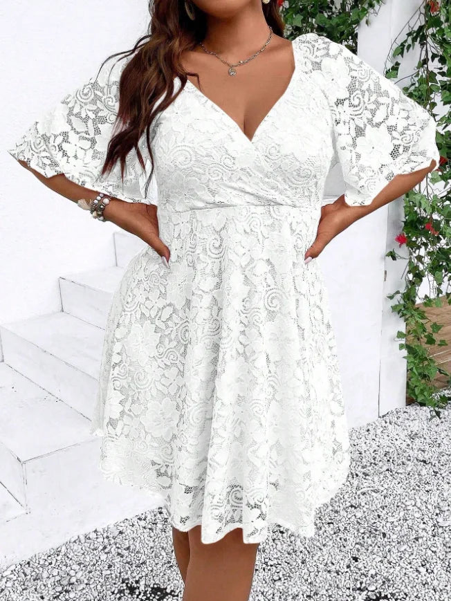 Women Elegant Lace A Line V Neck Mid Sleeve Party Dress