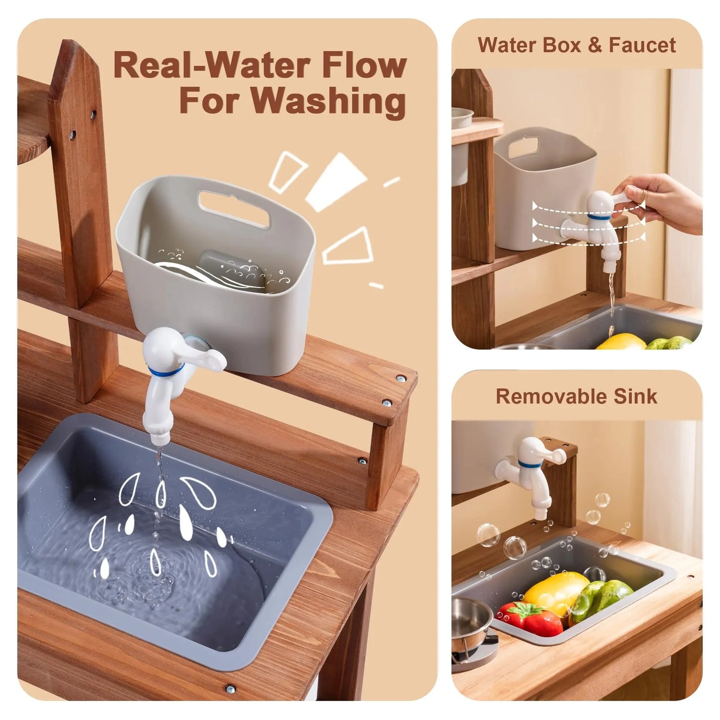 Robud Wooden Outdoor Mud Kitchen with Sink Stoves Gardening Tools Realistic Backyard Fun Unique Birthday Gift for Ages 3+