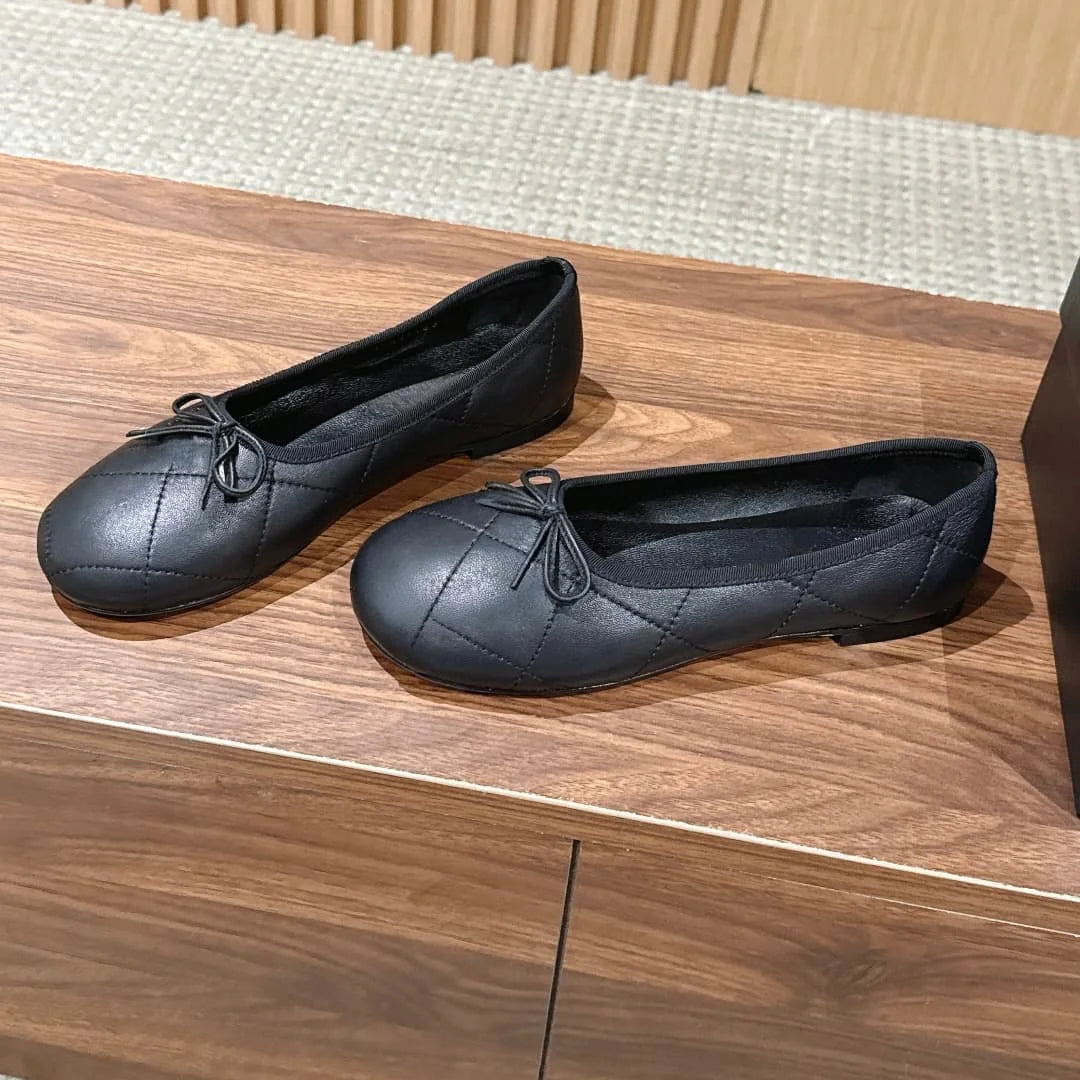 2026 Spring Women's Leather Flat Bow Ballet Flats - Women's Comfortable and Elegant Slender-Feet Single Shoes