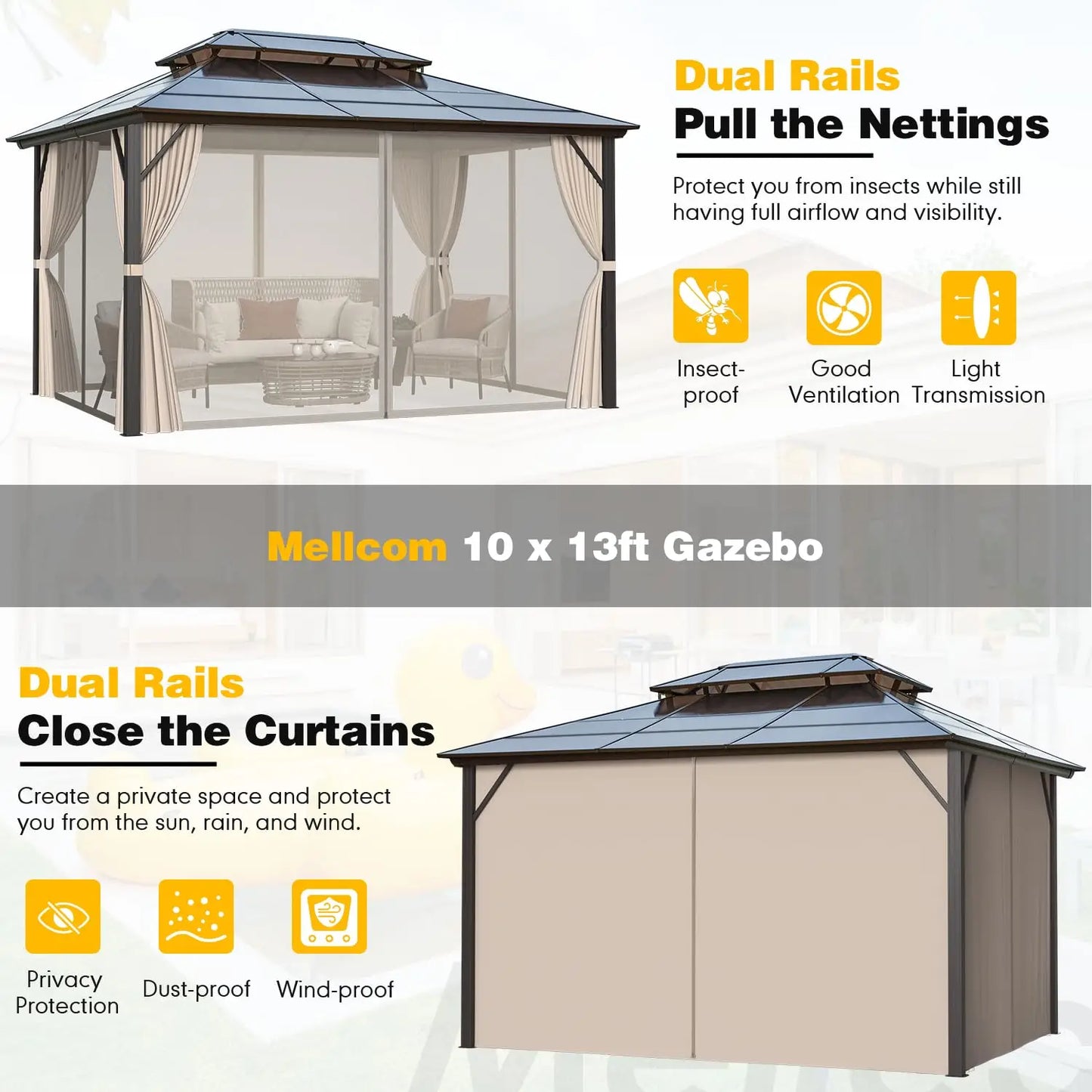 10x13 Hardtop Gazebo Polycarbonate Double Roof Aluminum Frame Curtains Netting Patio Lawn Garden, Custom