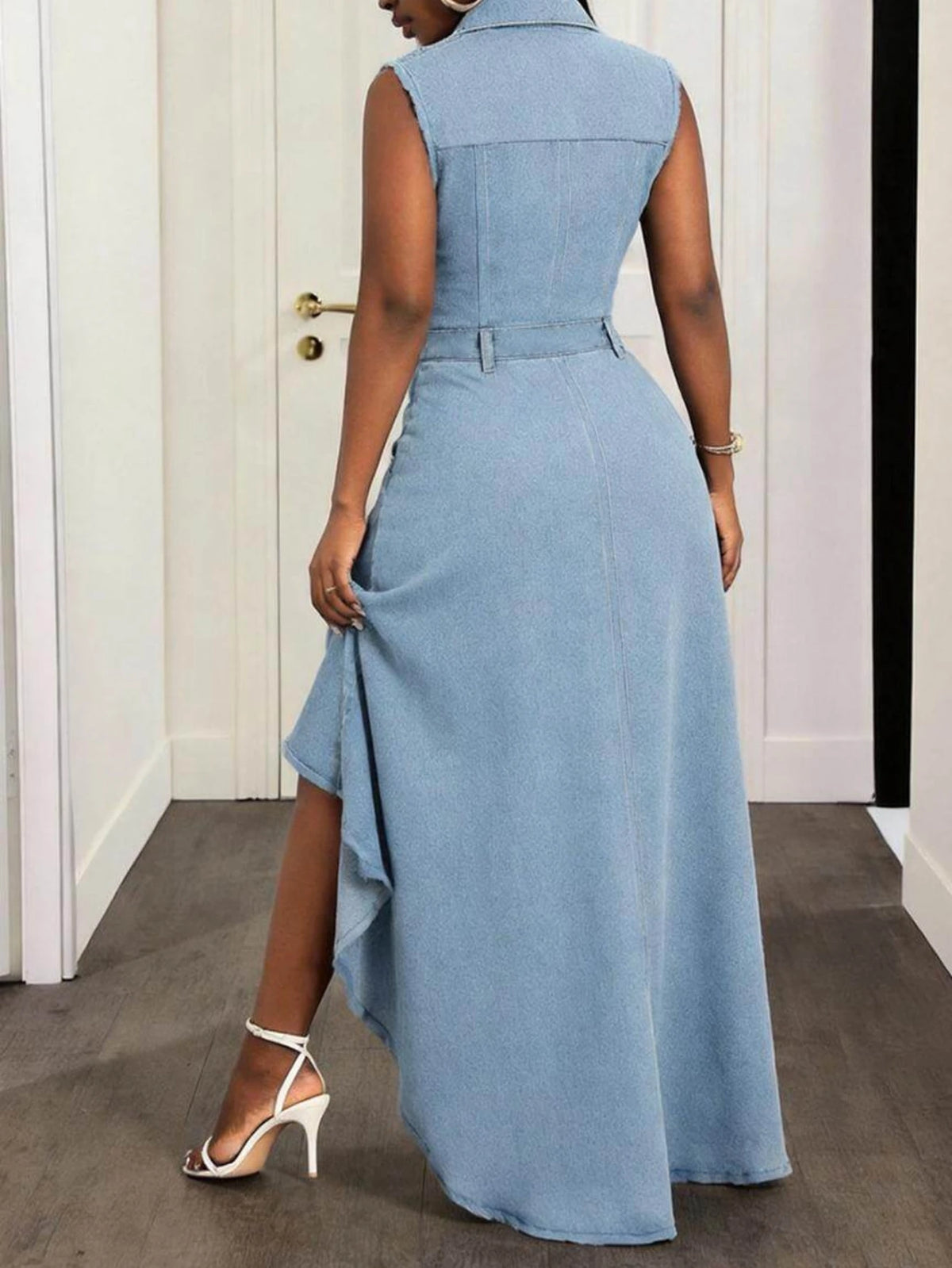 Women Collared Sleeveless Midi Dress Button Front High Low Hem Bodycon Solid Color Mid‑Calf Dress For Daily Club Party Occasion