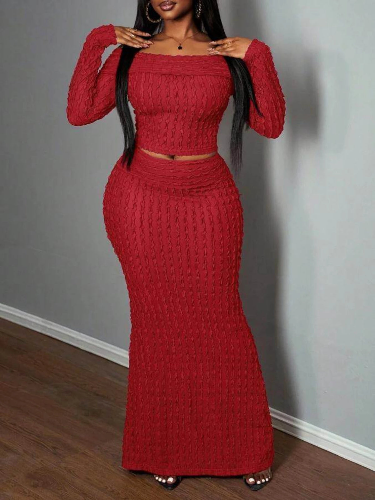 Sexy Off Shoulder Crop Top & Mermaid Maxi Skirt Matching Set 2 Piece Skirt Co-ord Outfit for Party Night Out Dinner Date