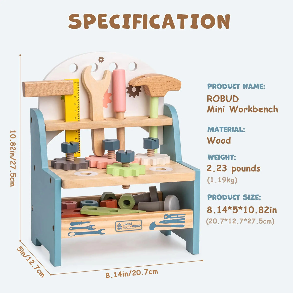 ROBUD Mini Wooden Play Tool Workbench Set Role Play Set Montessori Toys Ideal Birthday Gift for 3+ Years Old Boys Girls