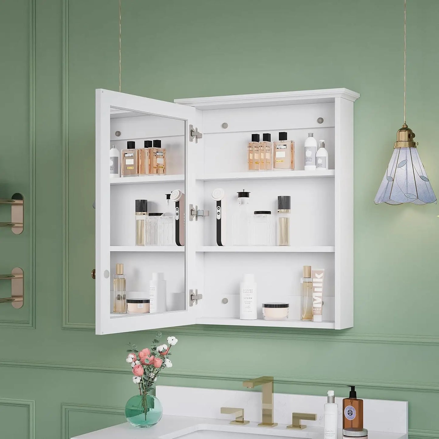 Wooden Wall Mounted Medicine Cabinet With Mirror And Three Tiers