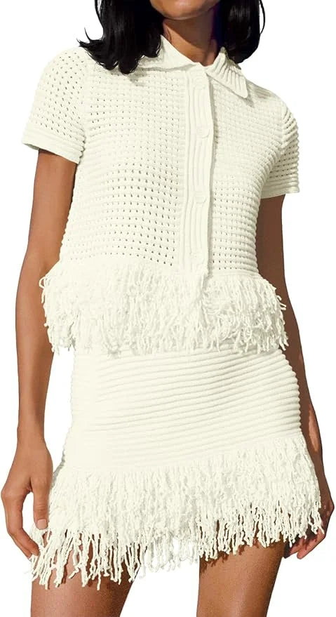 Fisoew Womens 2 Piece Crochet Outfits Short Sleeve Button Knit Sweater Tops Fringe Skirt Summer Vacation Sets Beach Cover Ups