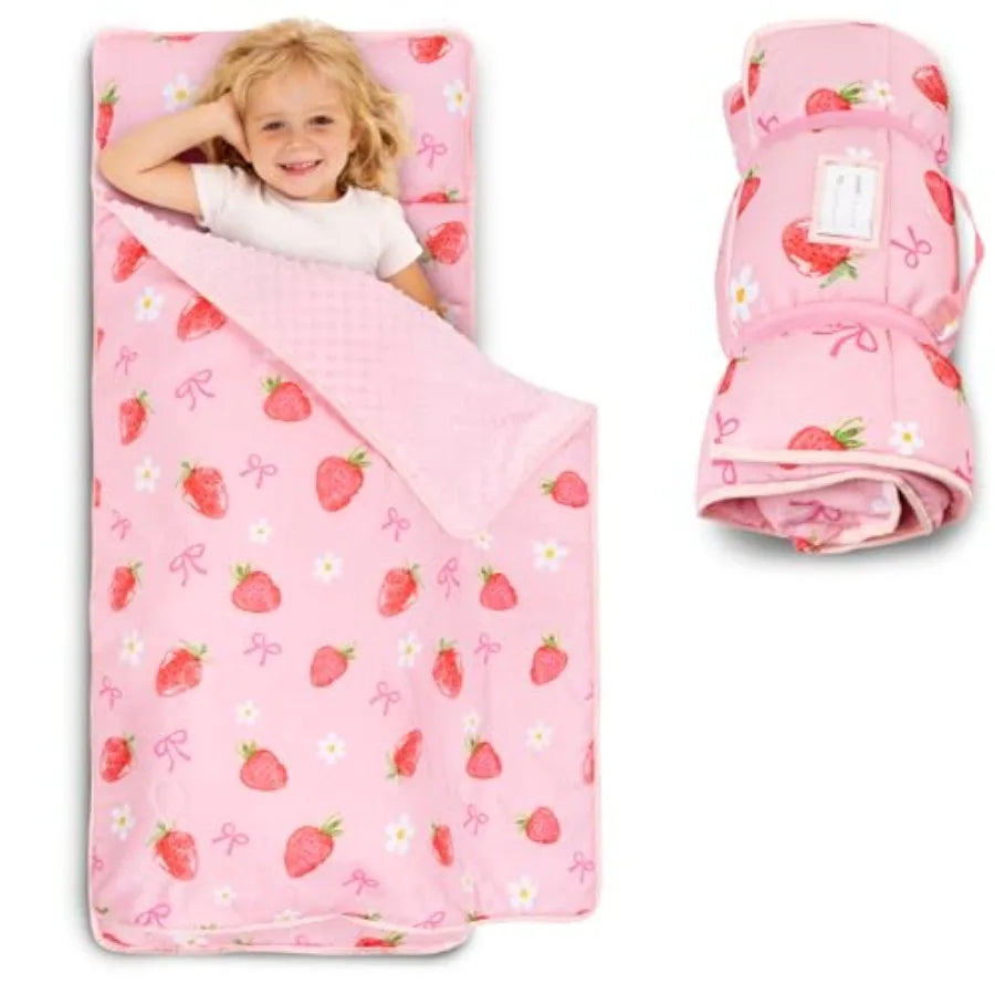 Toddler Nap Mat with Pillow and Minky Blanket Large 55"x38" Sleeping Bag Washable Lightweight Easy to Roll Perfect for Preschoo