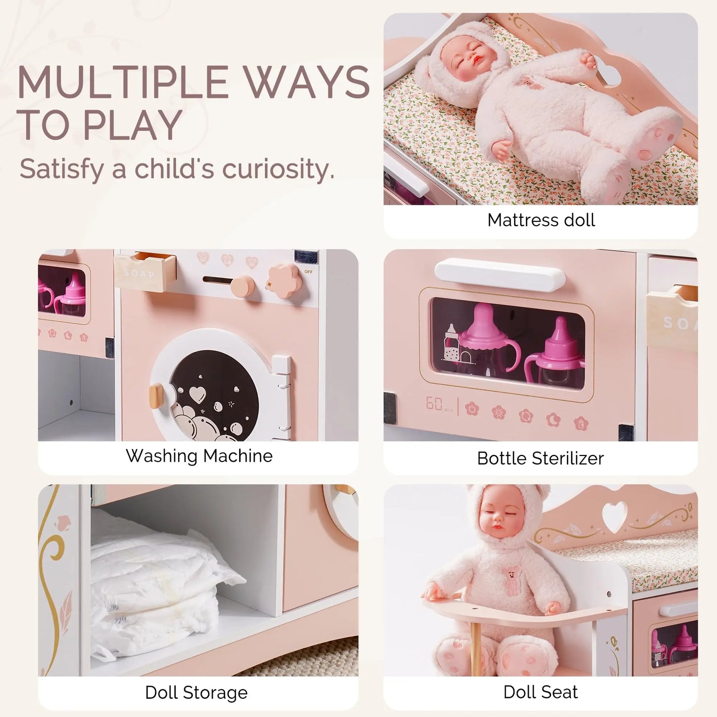 ROBUD Baby Doll Crib Pink Pretend Play Set Wooden Doll Changing Station with Seat Toy Crib Ideal Birthday Gift for Kids Age 3+