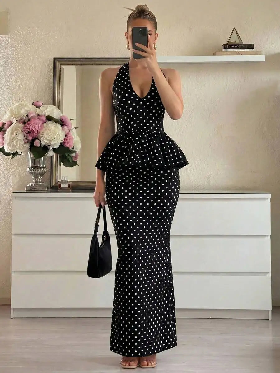 Womens Polka Dot Halter Peplum Top And Maxi Skirt 2-Piece Set Fashion Date Outfit