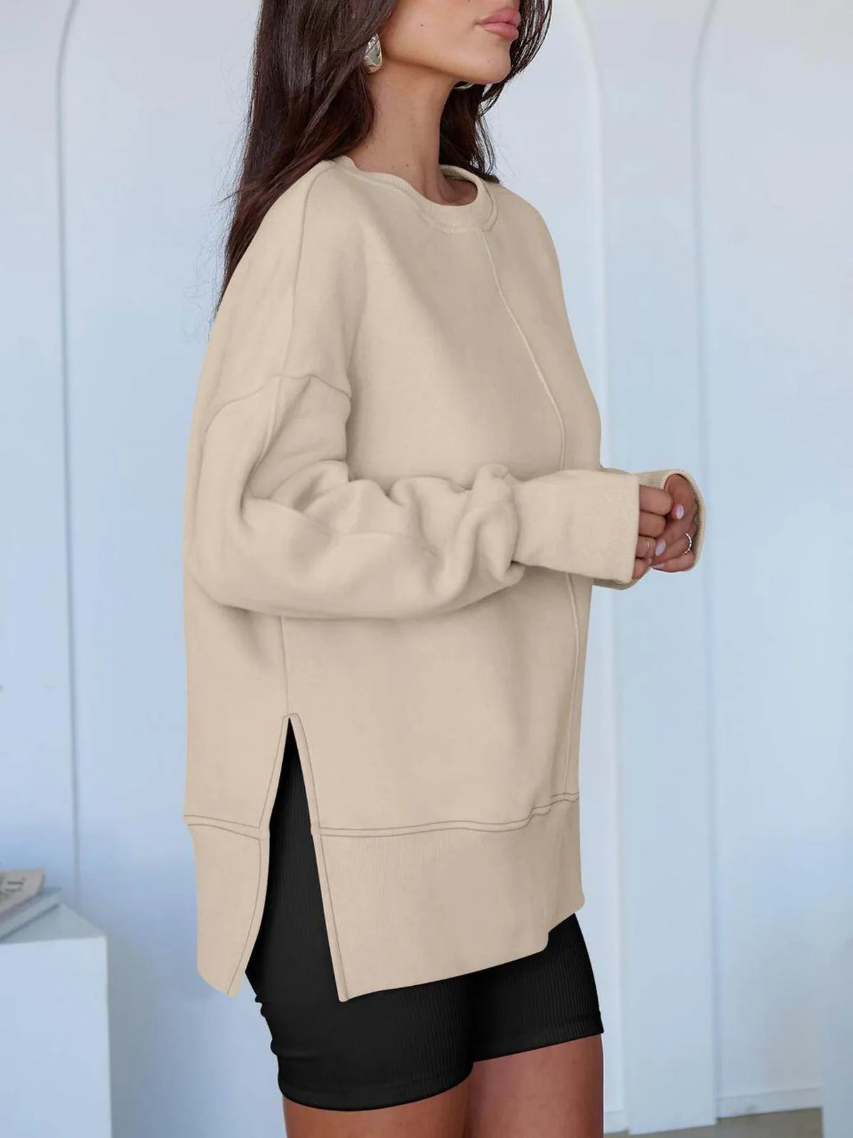Womens Crew Neck Drop Shoulder Side Slit Casual Pullover Sweatshirt
