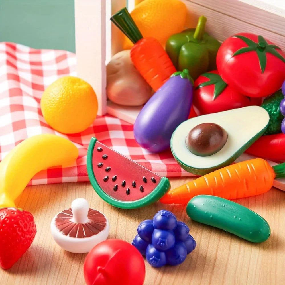 JOYFY 50 Pcs Kitchen Toys Kit Dinnerware Dummy Fruits Vegetables Plastic Accessories for Children Christmas Birthday Gift.