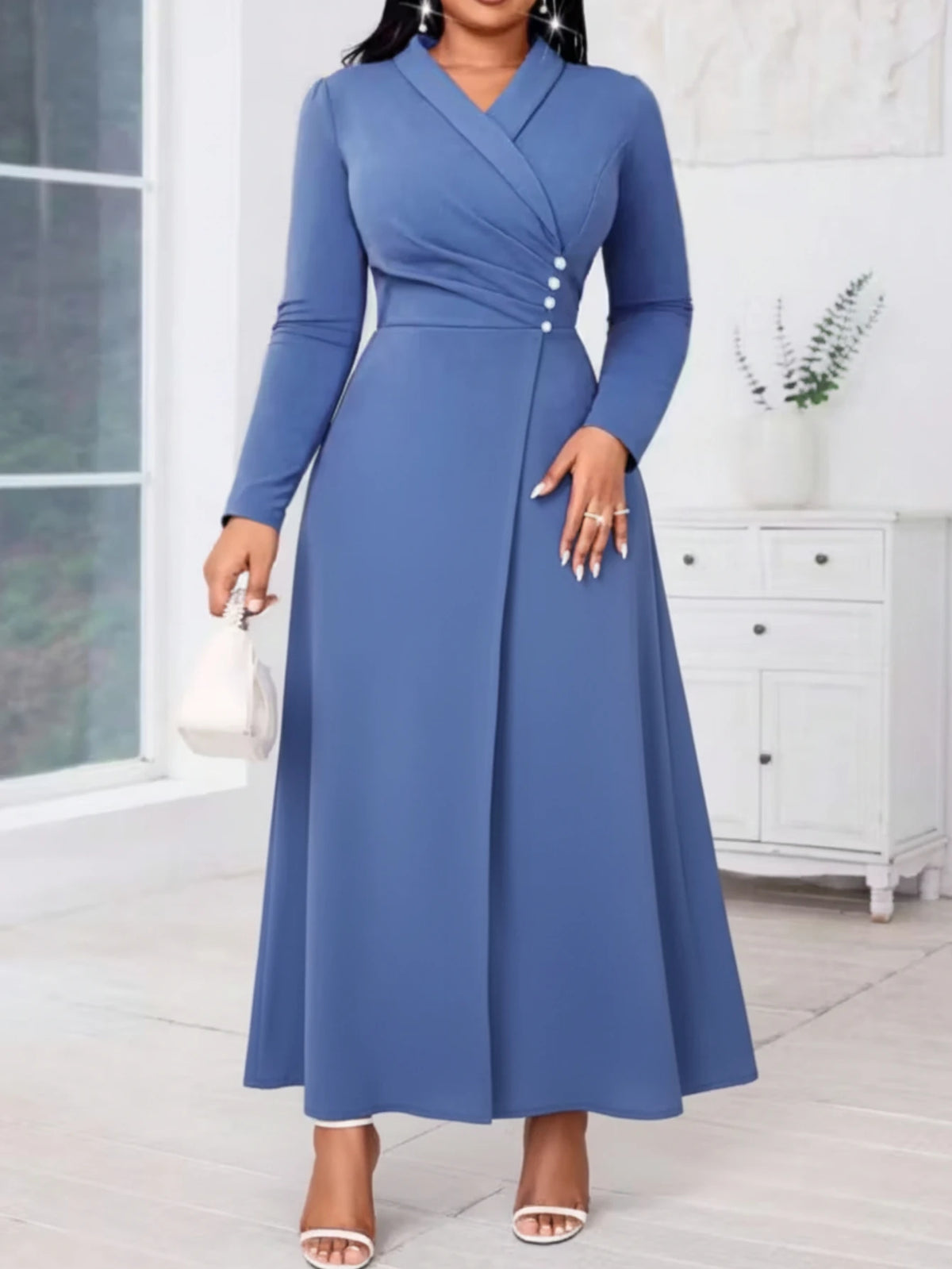 Women's Lapel Long Sleeve Ruched Button Formal Midi Dress