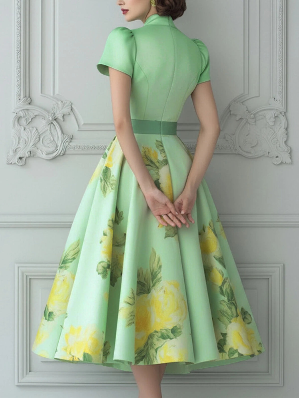 Women Stand Collar Short Puff Sleeve Floral Print Flared Hem Midi Dress Formal Wedding Guest Elegant Swing Dress