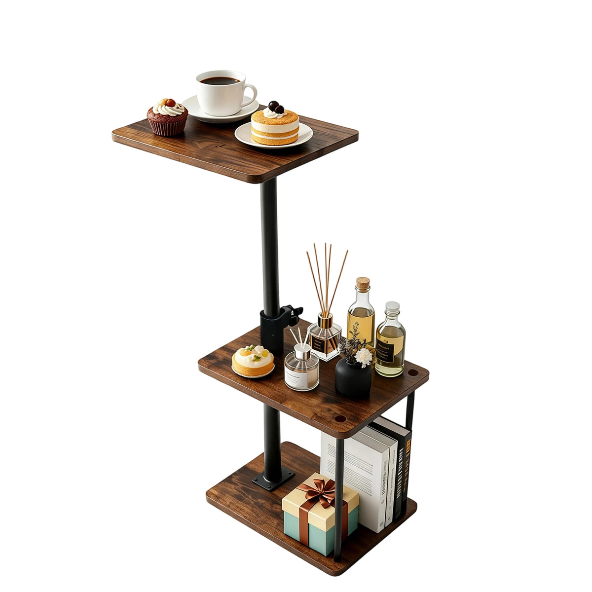 Adjustable Height 360° Swivel C Shaped Side Table With 3 Tier Storage, Space Saving Sofa Bed Laptop Table, Home Office Bedroom