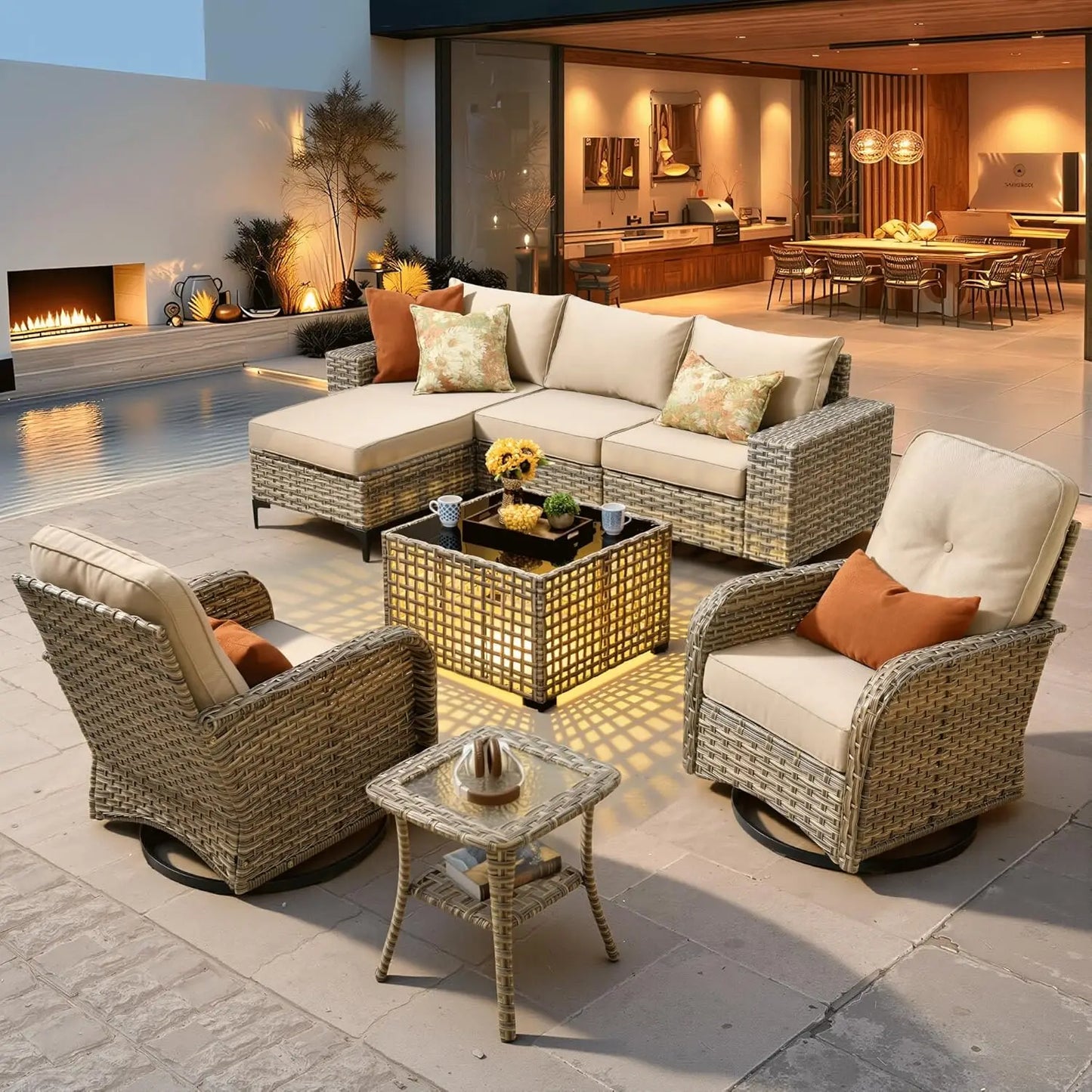 8-Piece Patio Furniture Set with L-Shape Sofa Chaise, Outdoor Sectional Couch Swivel Gliders Solar Table, Modern, Customized