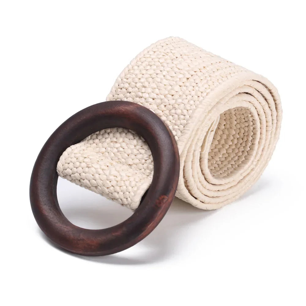Women Straw Belt With Wooden Buckle And Elastic Waist Chain