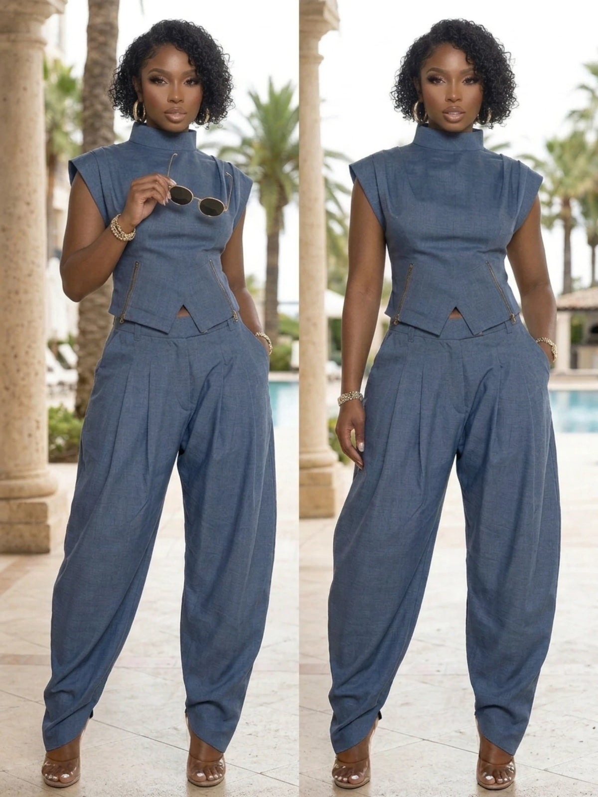 Women Stand‑Collar Sleeveless Cropped Top And Pleated Wide Leg Pants Two Piece Outfit Casual Business Daily Party Matching Suit