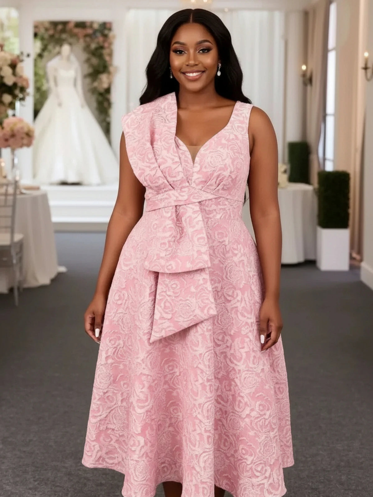 Women Plus Size V Neck Sleeveless Big Bow Decor Midi Dress Elegant A Line Flared Dress For Wedding Guest Formal Occasion
