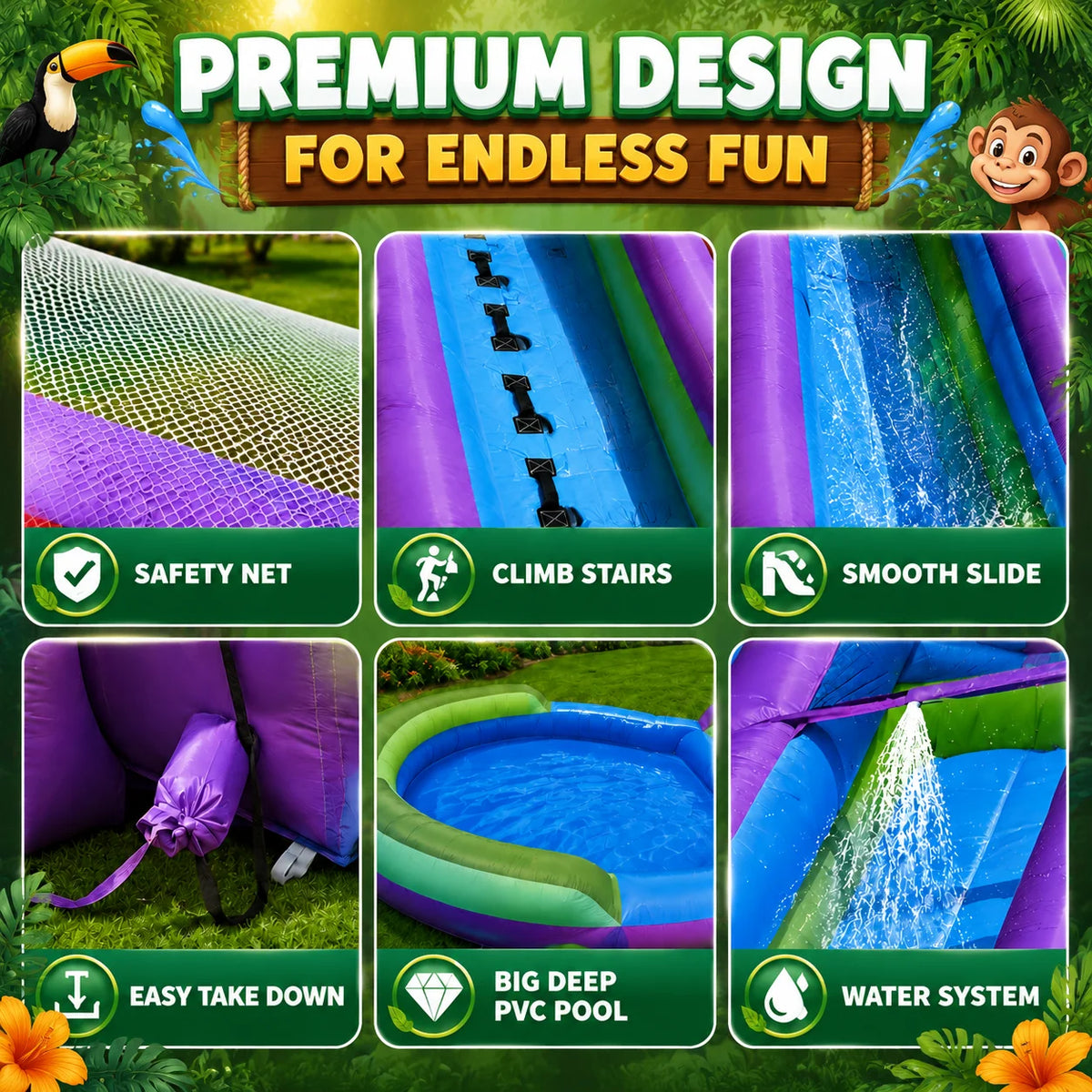 Tropical Rainforest Oxford Water Slide for Summer Parties Backyard Splashes Cooling Games Family Outdoor Inflatable Fun